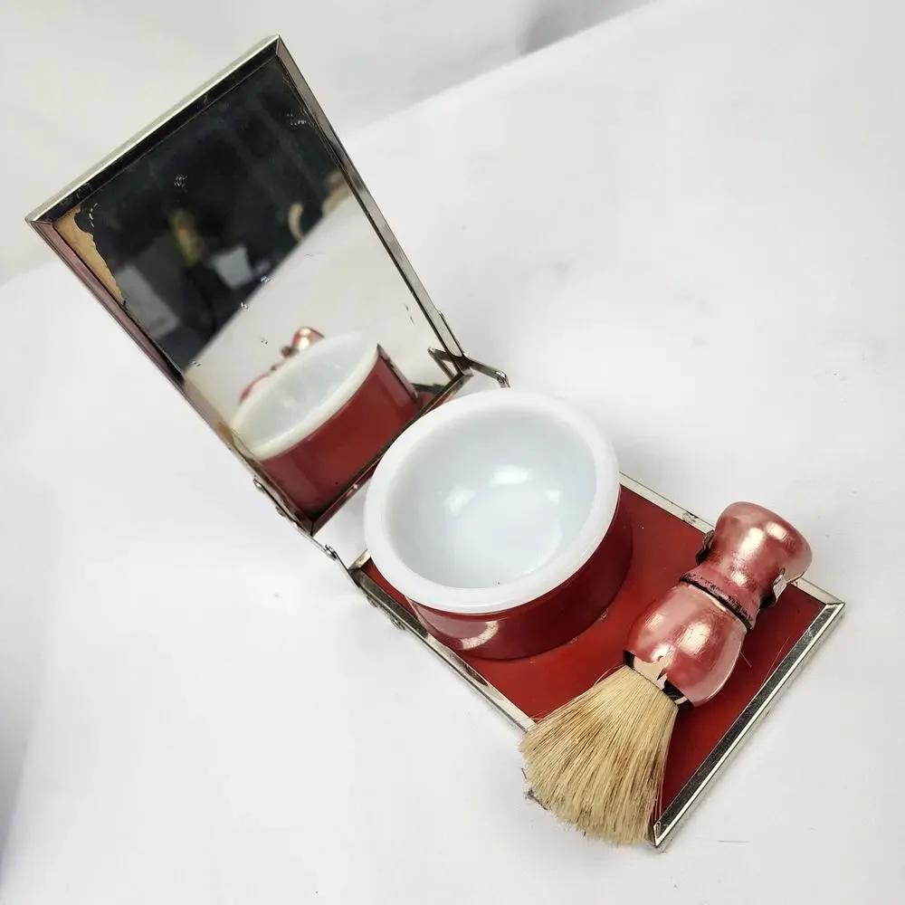 Vintage Red Metal Folding Travel Shaving Kit w/ Brush Bowl & Mirror Fish / Water